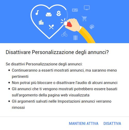 Disattivazione personalizzazione annunci google